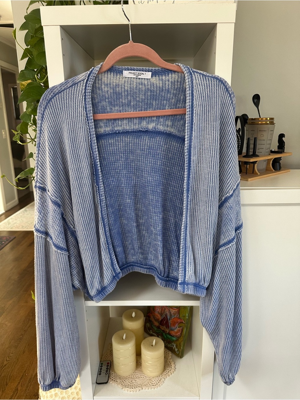 Project Social T Blue Ribbed Open-Front Cropped Cardigan